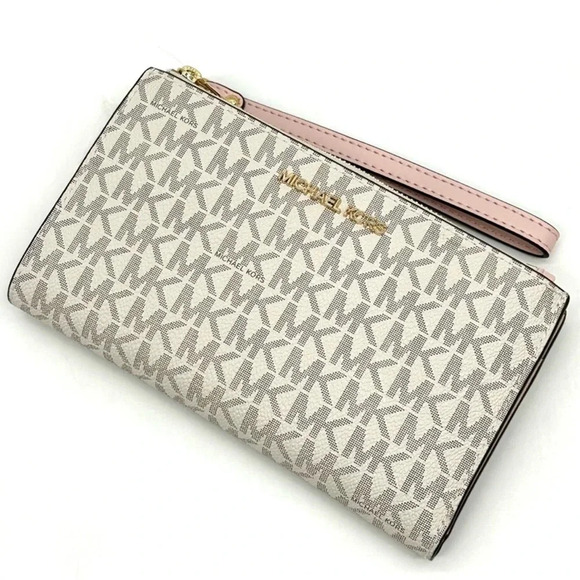 Michael Kors Double Zip Wallet Wristlet Leather Vanilla/ Light Pink - Picture 1 of 9